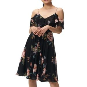 Jenny Yoo black floral chiffon cold shoulder dress